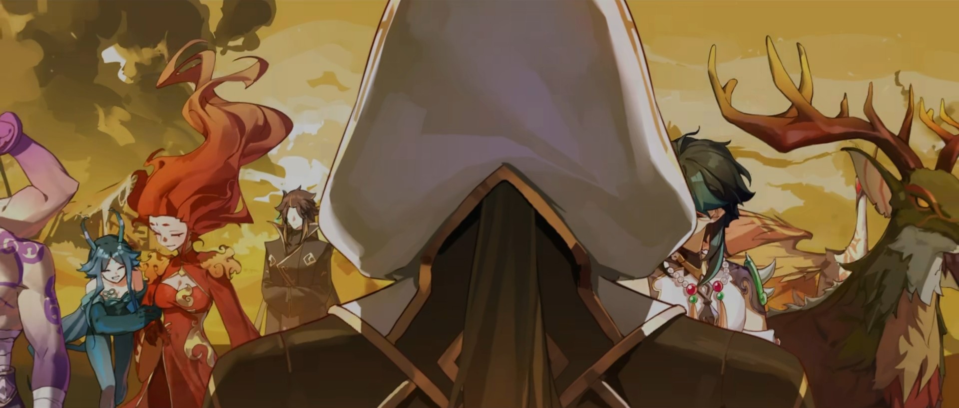 除帝君外从左到右依次是浮舍、伐难、应达、弥怒、魈、理水叠山真君、削月筑阳真君。