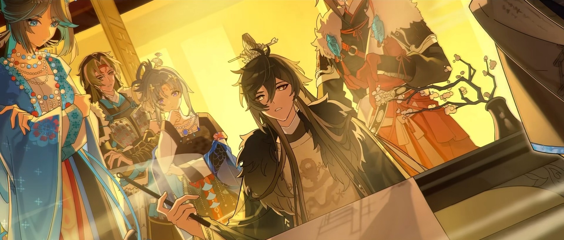 从左到右依次是留云借风真君、削月筑阳真君、歌尘浪市真君、摩拉克斯、理水叠山真君。