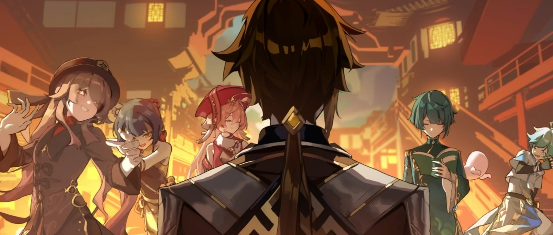 除帝君外从左到右依次是胡桃、香菱、烟绯、行秋、重云。